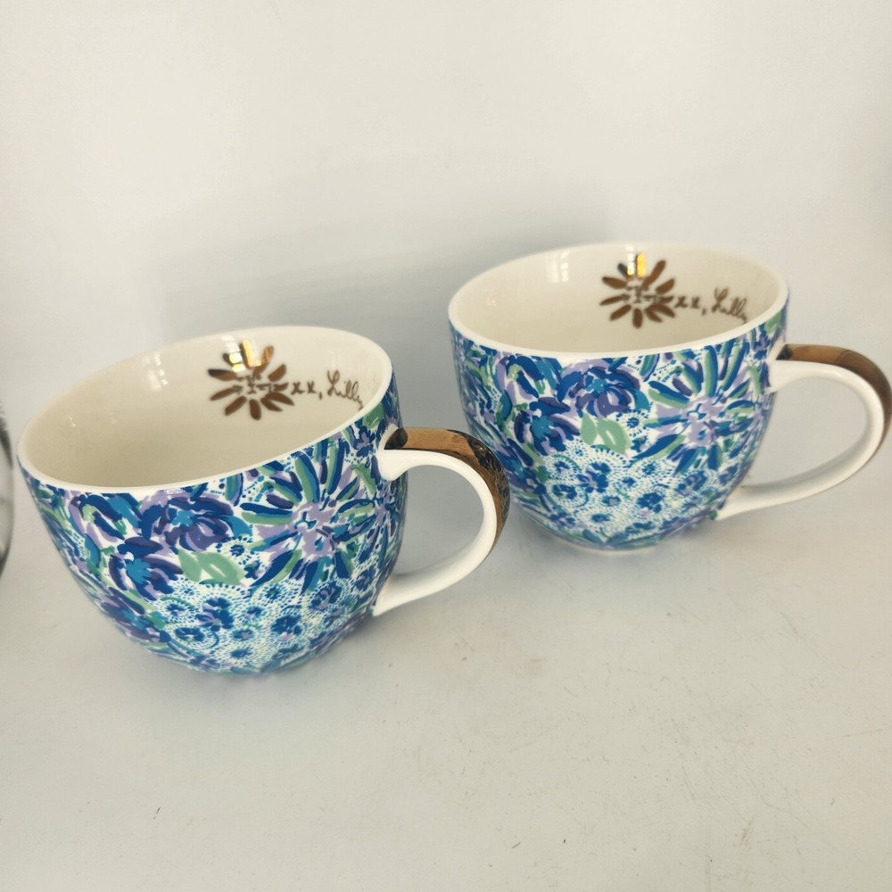 (2) Lilly Pulitzer Floral Print Mug With Gold Handle Lion Head Gold Embellished